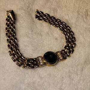 Vtg Gold-Tone Link Bracelet with Emerald Green Center Stone & Rhinestone Accents